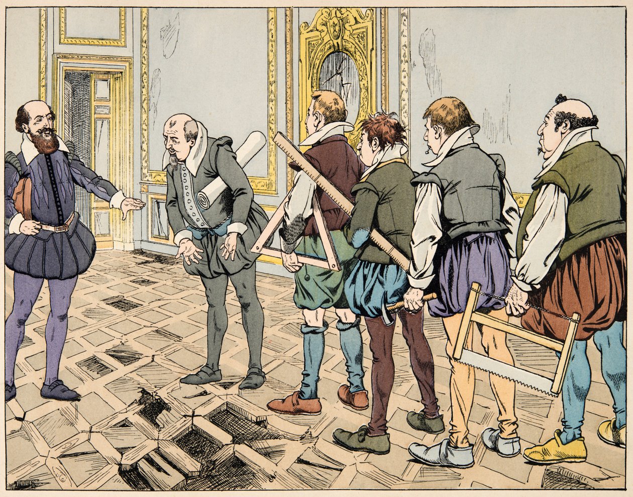 Illustration från boken "Le bon roy Henri", illustrerad av Jacques Marie Gaston Onfray de Breville dit JOB (1858-1931): Sully (Maximilian de Bethune) visar en svår ekonomi - Privat samling av pseudonym for Onfray de Breville Jacques Job