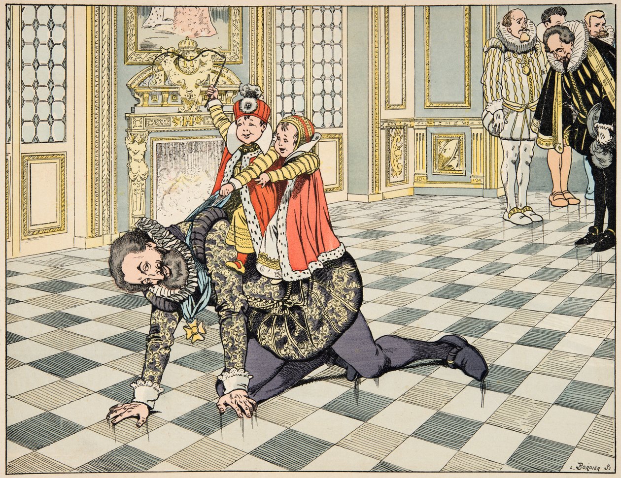 Illustration från boken "Le bon roy Henri", illustrerad av Jacques Marie Gaston Onfray de Breville dit JOB (1858-1931): Inför den spanska ambassadören leker Henri IV med sina barn - Privat samling av pseudonym for Onfray de Breville Jacques Job