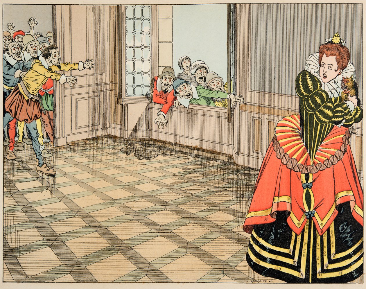Illustration från boken "Le bon roy Henri", illustrerad av Jacques Marie Gaston Onfray de Breville dit JOB (1858-1931): Hertiginnan av Montpensier (Catherine de Lorraine av pseudonym for Onfray de Breville Jacques Job