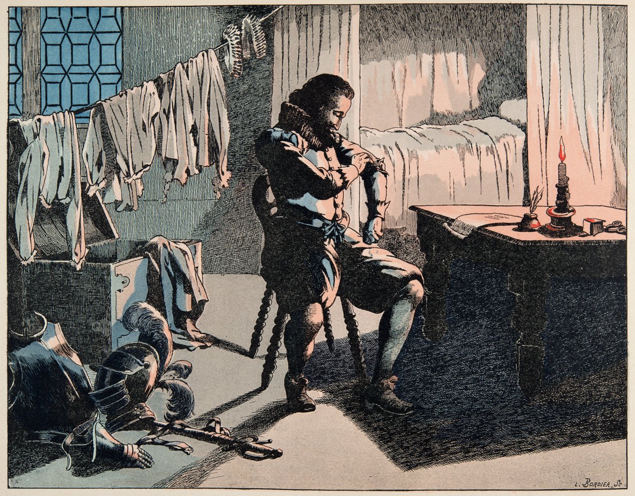 Illustration från boken “” Le bon roy Henri””, illustrerad av Jacques Marie Gaston Onfray de Breville dit JOB (1858-1931): 1589 blev Henri kung av Frankrike, men utan pengar - Privat samling av pseudonym for Onfray de Breville Jacques Job