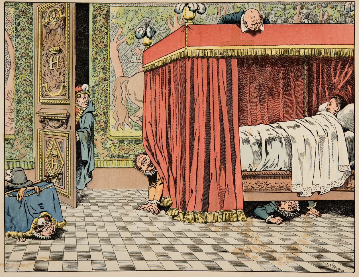 Illustration från boken "Le bon roy Henri", illustrerad av Jacques Marie Gaston Onfray de Breville dit JOB (1858-1931): Henri IV bor i Paris under spionernas öga - Privat samling av pseudonym for Onfray de Breville Jacques Job