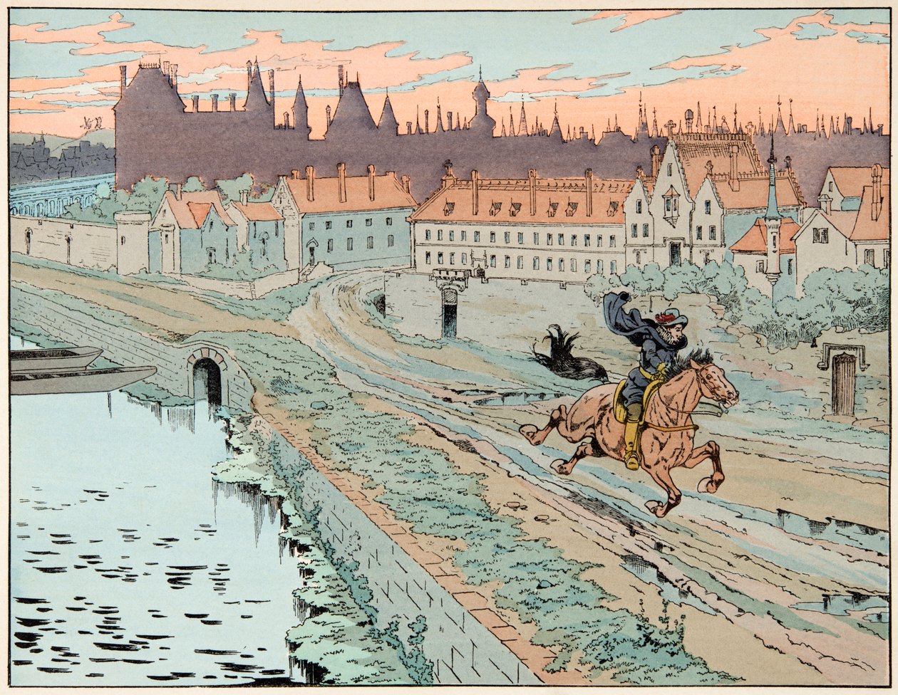 Illustration hämtad från boken "" Le bon roy Henri"", illustrerad av Jacques Marie Gaston Onfray de Breville dit JOB (1858-1931): 1575 flydde Henri IV Paris - Privat samling av pseudonym for Onfray de Breville Jacques Job