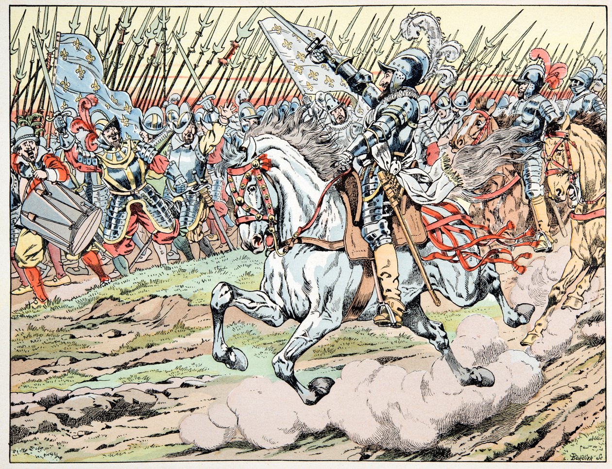 Illustration hämtad från boken "" Le bon roy Henri"", illustrerad av Jacques Marie Gaston Onfray de Breville dit JOB (1858-1931): Henri IV före sin armé: Följ mon plume blanc - Privat samling av pseudonym for Onfray de Breville Jacques Job