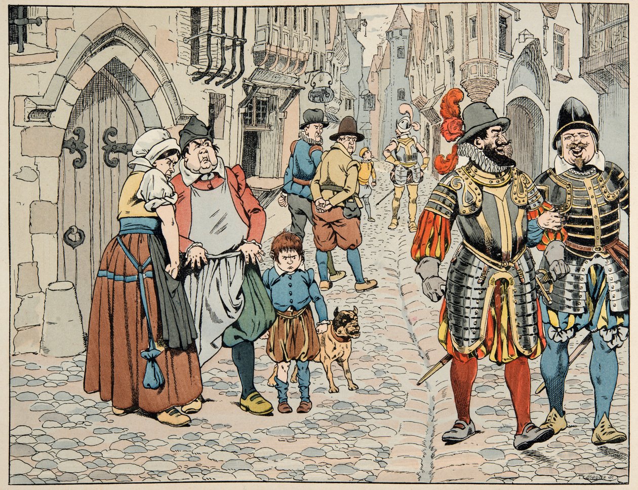 Illustration hämtad från boken "" Le bon roy Henri"", illustrerad av Jacques Marie Gaston Onfray de Breville dit JOB (1858-1931): Parisare ser med dåliga öga de utländska trupperna som kommer för att hjälpa dem - Privat samling av pseudonym for Onfray de Breville Jacques Job
