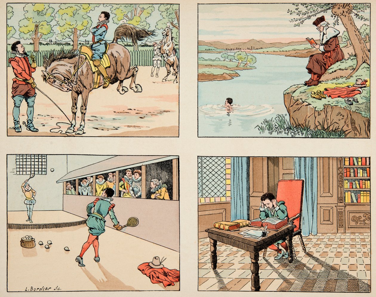 Illustration hämtad från boken "" Le bon roy Henri"", illustrerad av Jacques Marie Gaston Onfray de Breville dit JOB (1858-1931): Education of Henri IV - Privatsamling av pseudonym for Onfray de Breville Jacques Job