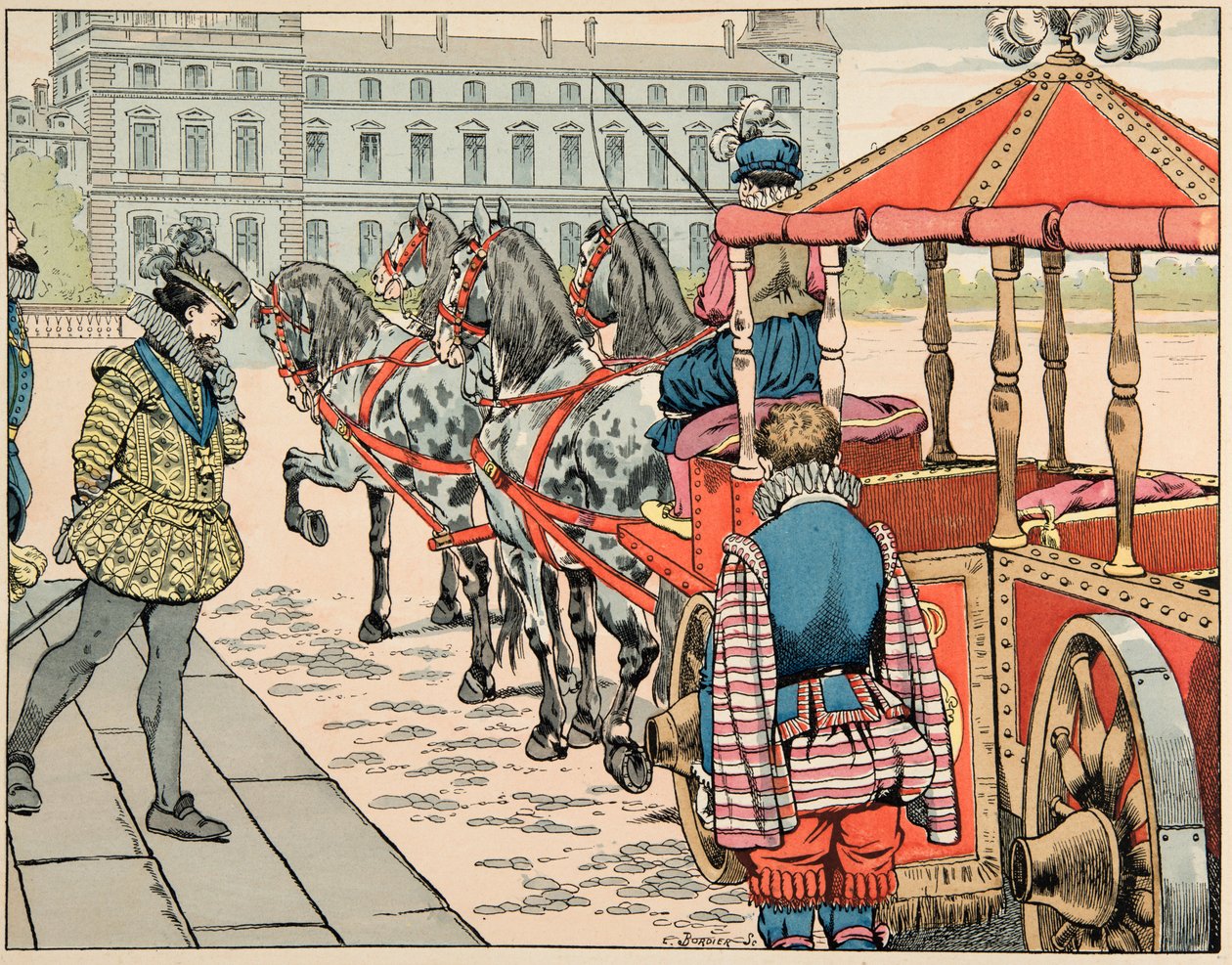 Illustration hämtad från boken "" Le bon roy Henri"", illustrerad av Jacques Marie Gaston Onfray de Breville dit JOB (1858-1931): Den 14 maj 1610 ångrar Henri IV att åka i sin avtäckta vagn - Privat samling av pseudonym for Onfray de Breville Jacques Job