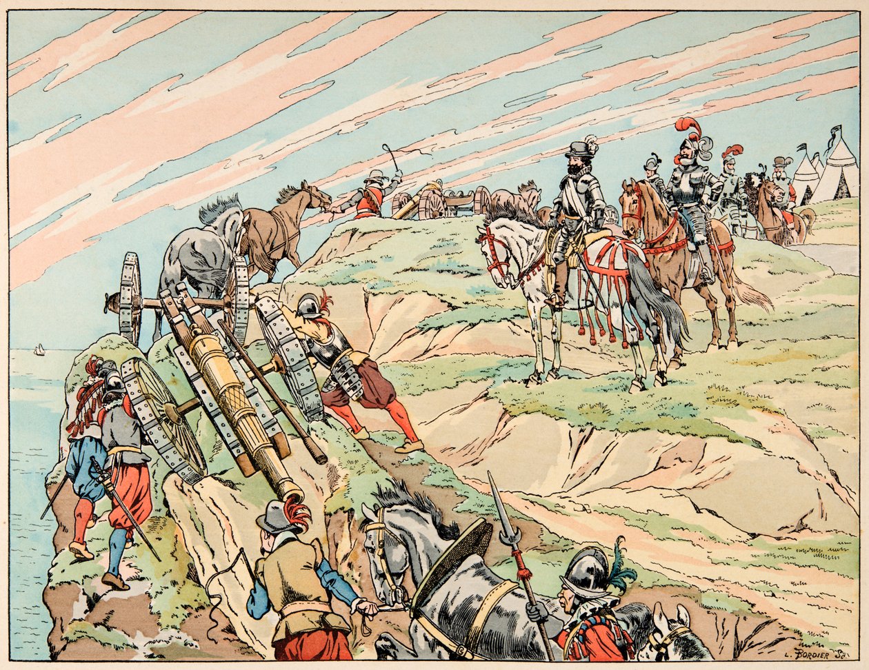 Illustration hämtad från boken "" Le bon roy Henri"", illustrerad av Jacques Marie Gaston Onfray de Breville dit JOB (1858-1931): Henri IV i krig etablerade sitt läger nära Dieppe med sitt artilleri - Privat samling av pseudonym for Onfray de Breville Jacques Job