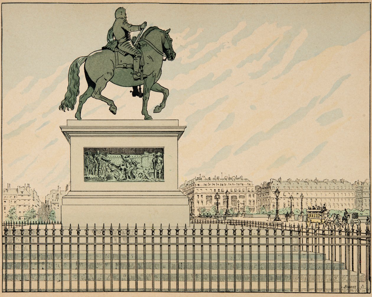 Illustration hämtad från boken "" Le bon roy Henri"", illustrerad av Jacques Marie Gaston Onfray de Breville dit JOB (1858-1931): Staty erige till minne av Henri IV - Privat samling av pseudonym for Onfray de Breville Jacques Job