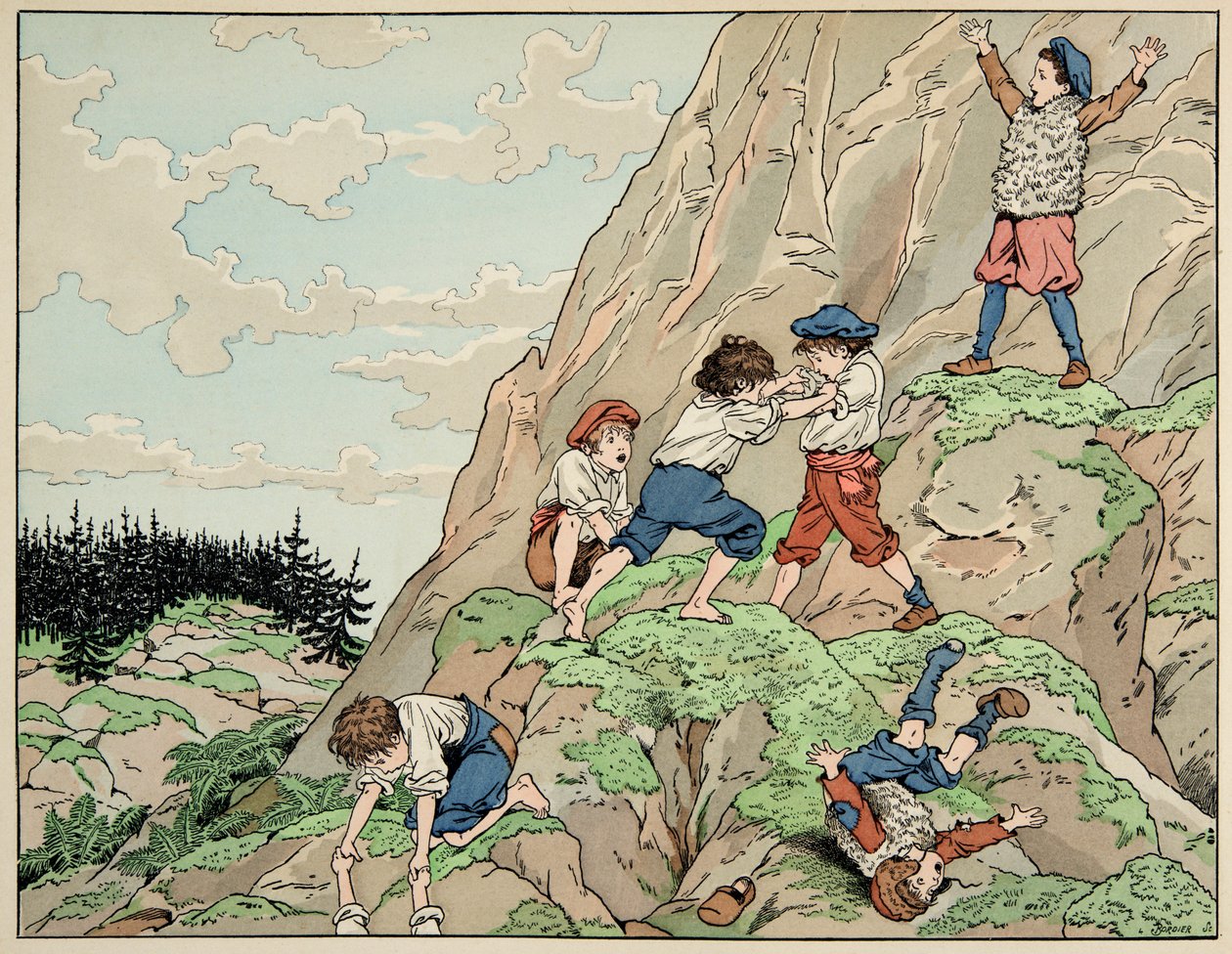 Illustration hämtad från boken "" Le bon roy Henri"", illustrerad av Jacques Marie Gaston Onfray de Breville dit JOB (1858-1931): Henri IV:s barndom med bönderna - Privat samling av pseudonym for Onfray de Breville Jacques Job