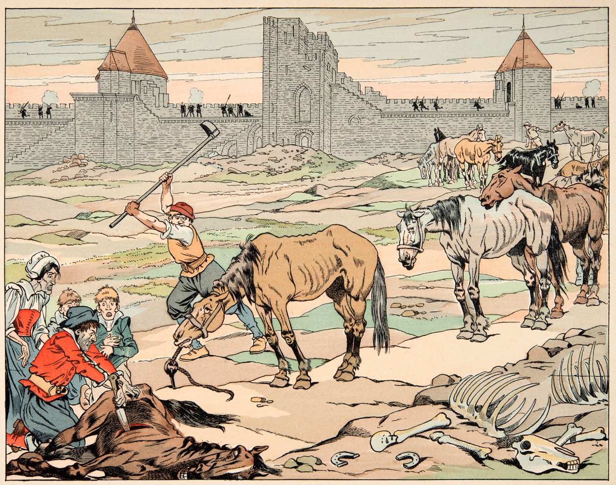 Illustration hämtad från boken "" Le bon roy Henri"", illustrerad av Jacques Marie Gaston Onfray de Breville dit JOB (1858-1931): Hungriga parisare slaktar sina hästar - Privat samling av pseudonym for Onfray de Breville Jacques Job