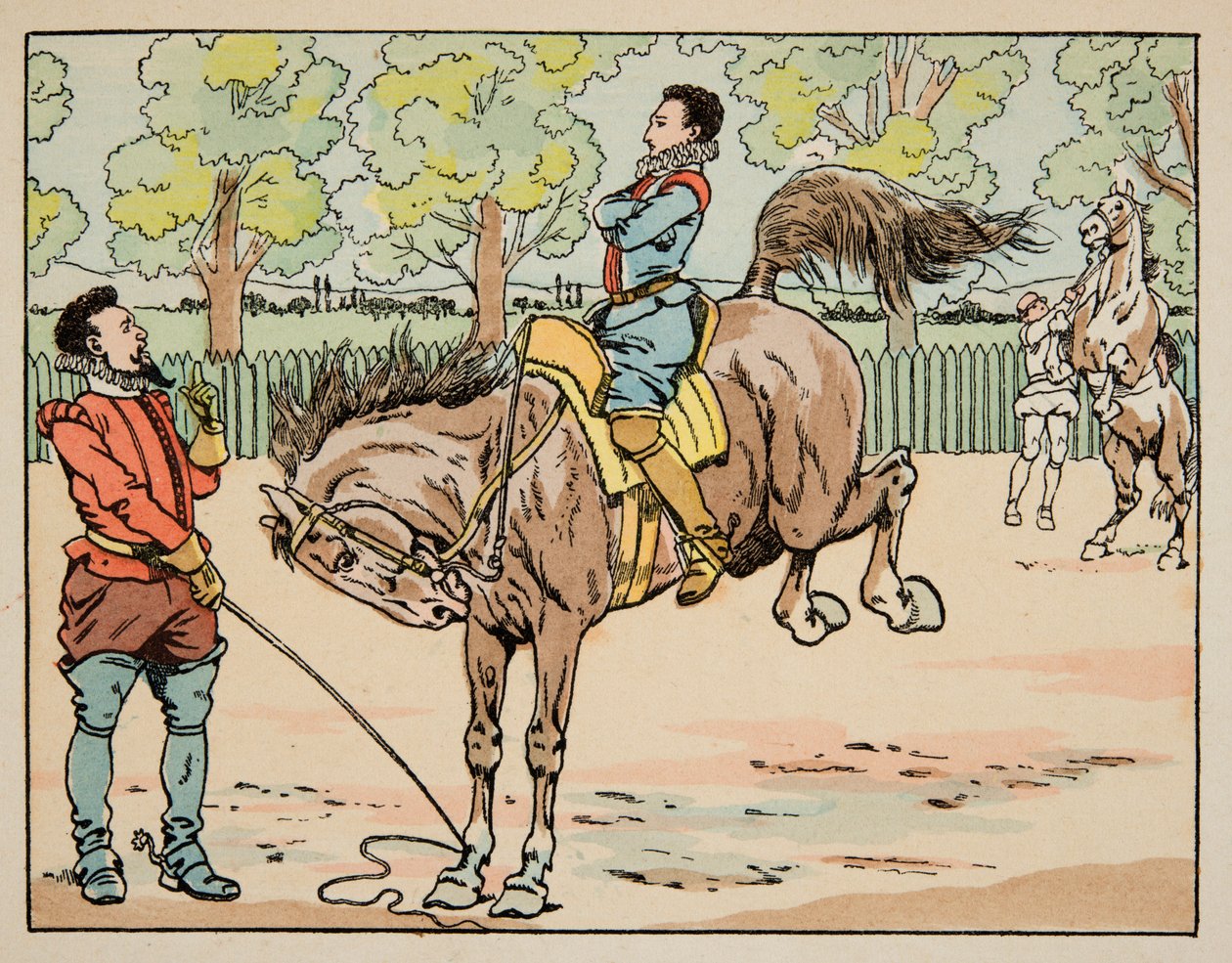 Illustration hämtad från boken “” Le bon roy Henri””, illustrerad av Jacques Marie Gaston Onfray de Breville dit JOB (1858-1931): Education at the 16th century riding - Privat samling av pseudonym for Onfray de Breville Jacques Job