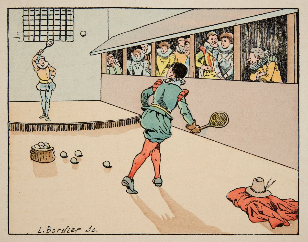 Illustration hämtad från boken “Le bon roy Henri””, illustrerad av Jacques Marie Gaston Onfray de Breville dit JOB (1858-1931): Education in the 16th century: game of palm - Privat samling av pseudonym for Onfray de Breville Jacques Job
