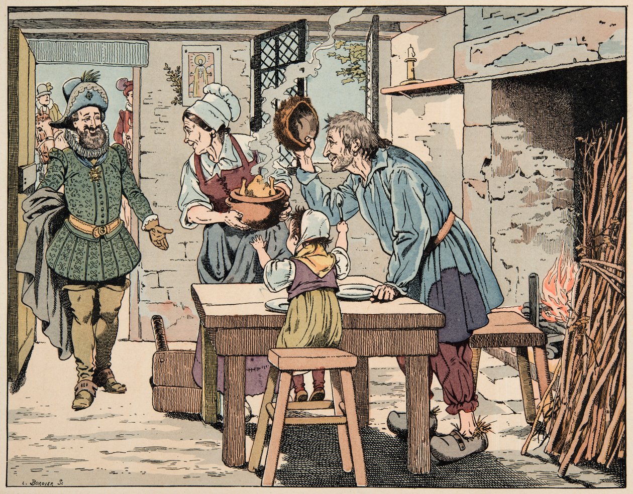 Illustration hämtad från boken “Le bon roy Henri””, illustrerad av Jacques Marie Gaston Onfray de Breville dit JOB (1858-1931): Henri IV i bönderna, att äta kycklingen i grytan - Privat samling av pseudonym for Onfray de Breville Jacques Job