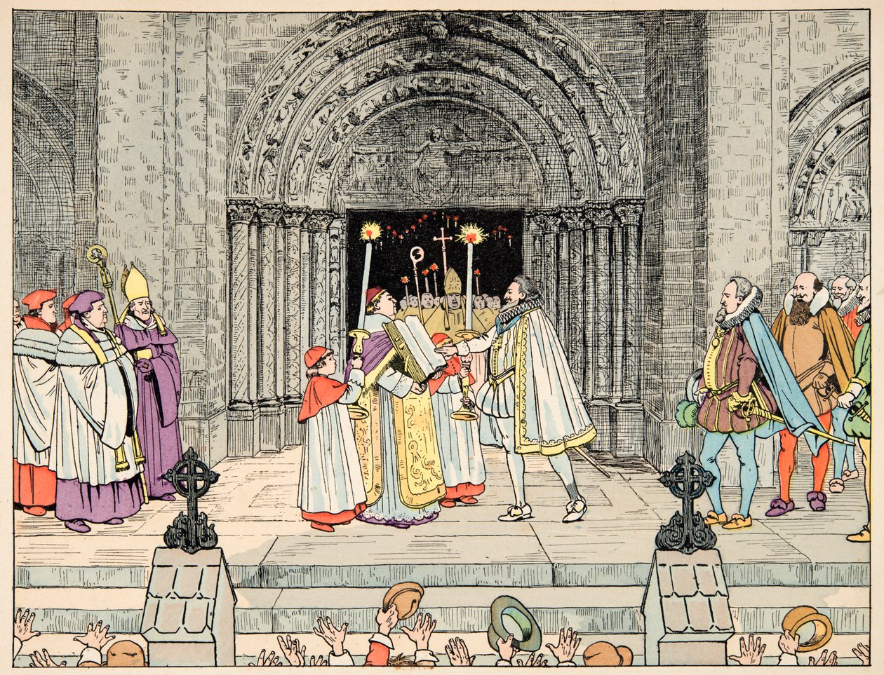 Illustration hämtad från boken "Le bon roy Henri", illustrerad av Jacques Marie Gaston Onfray de Breville dit JOB (1858-1931): Henri IV, Basilica Saint Denis avböjer sin religion och konverterar - Privat samling av pseudonym for Onfray de Breville Jacques Job