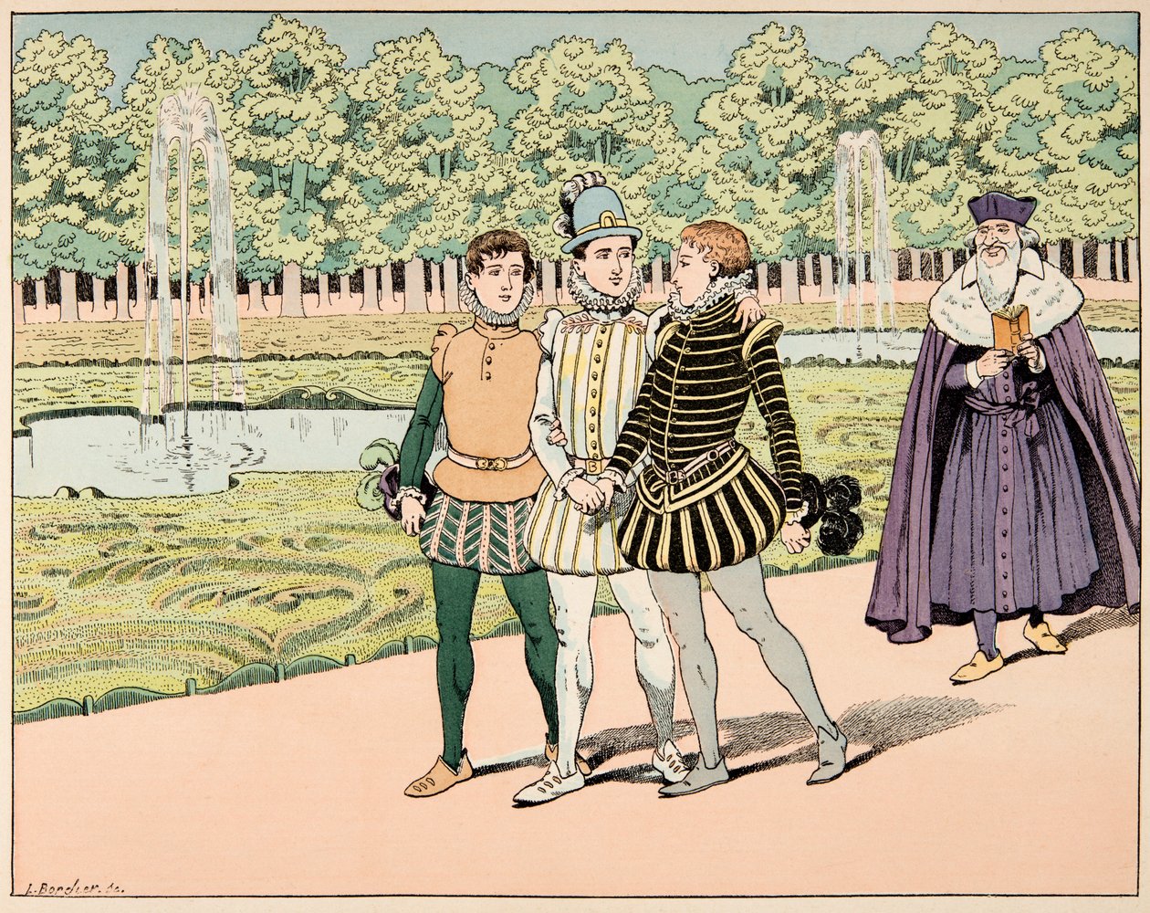 Illustration hämtad från boken “Le bon roy Henri””, illustrerad av Jacques Marie Gaston Onfray de Breville dit JOB (1858-1931): Henri IV blev vän med M de Segur och M de La Rochefoucauld - Privat samling av pseudonym for Onfray de Breville Jacques Job