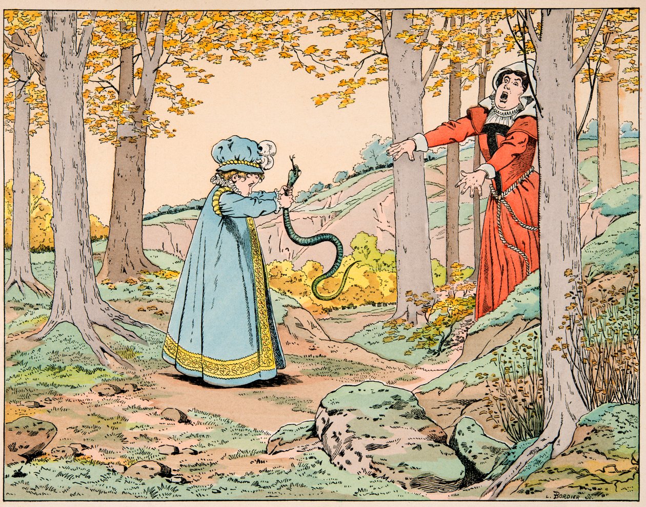 Illustration hämtad från boken “Le bon roy Henri””, illustrerad av Jacques Marie Gaston Onfray de Breville dit JOB (1858-1931): Vid fyra års ålder dödar Henri IV en enorm orm - Privat samling av pseudonym for Onfray de Breville Jacques Job