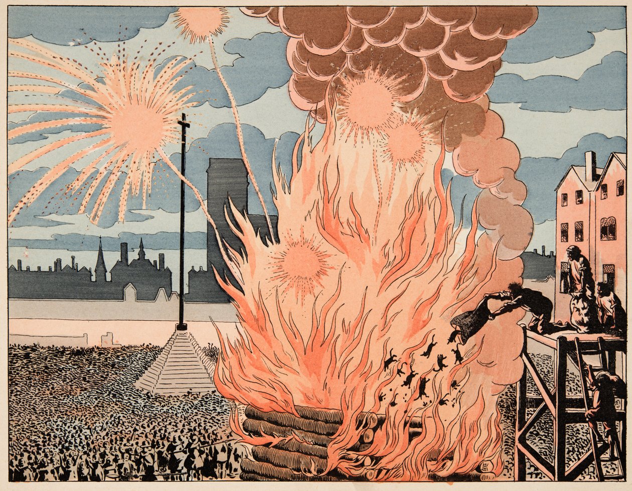 Illustration hämtad från boken "Le bon roy Henri", illustrerad av Jacques Marie Gaston Onfray de Breville dit JOB (1858-1931): Fire de joie place de strike in Paris - Privat samling av pseudonym for Onfray de Breville Jacques Job