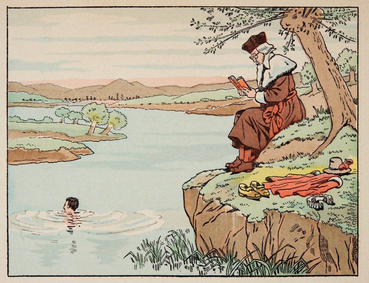 Illustration hämtad från boken "Le bon roy Henri", illustrerad av Jacques Marie Gaston Onfray de Breville dit JOB (1858-1931): Utbildning på 1500-talet: simning - Privat samling av pseudonym for Onfray de Breville Jacques Job