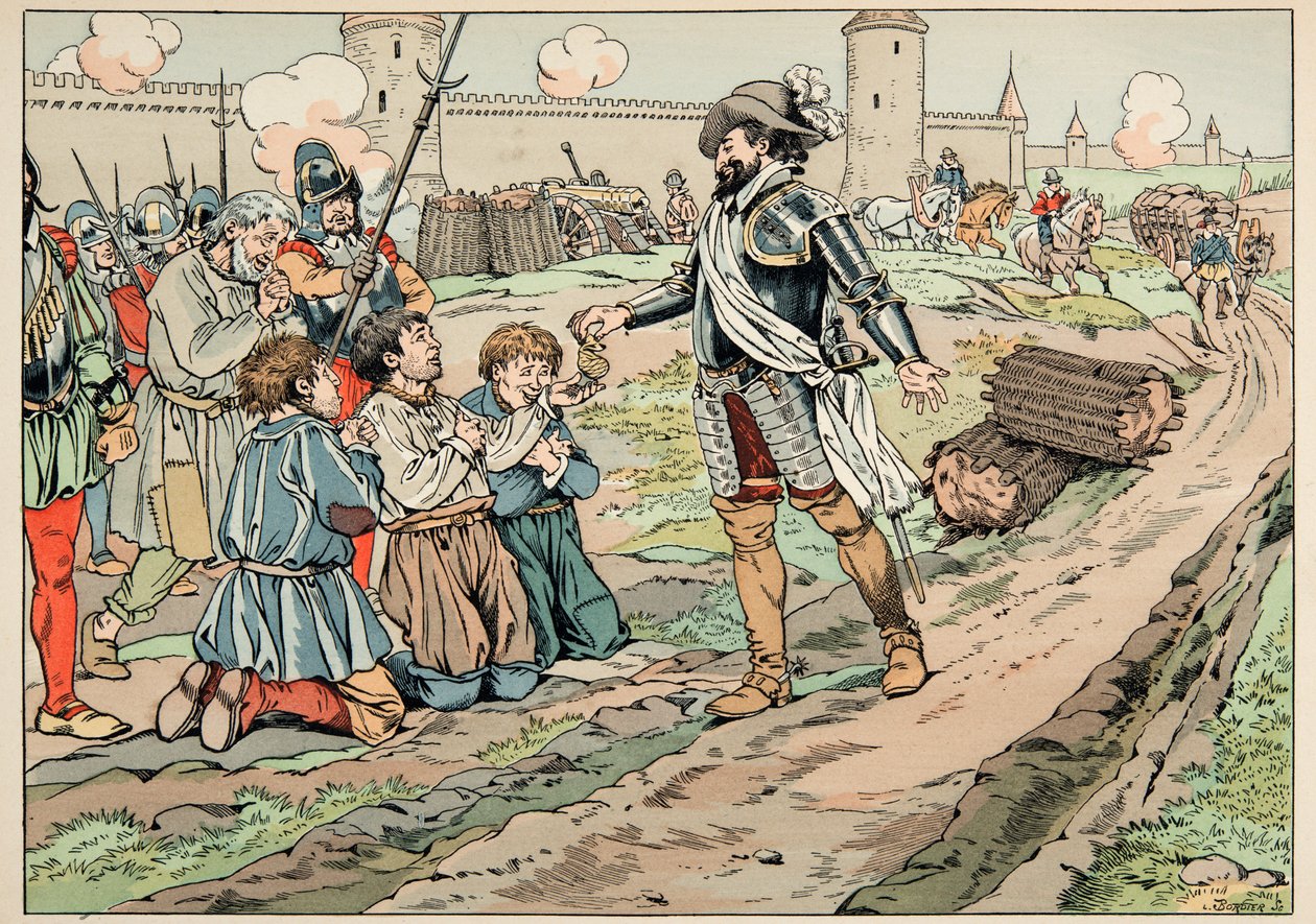 Illustration hämtad från boken “Le bon roy Henri””, illustrerad av Jacques Marie Gaston Onfray de Breville dit JOB (1858-1931): Henri IV ger pengar och frigör bönder som försökte introducera mat i Paris - Privat samling av pseudonym for Onfray de Breville Jacques Job