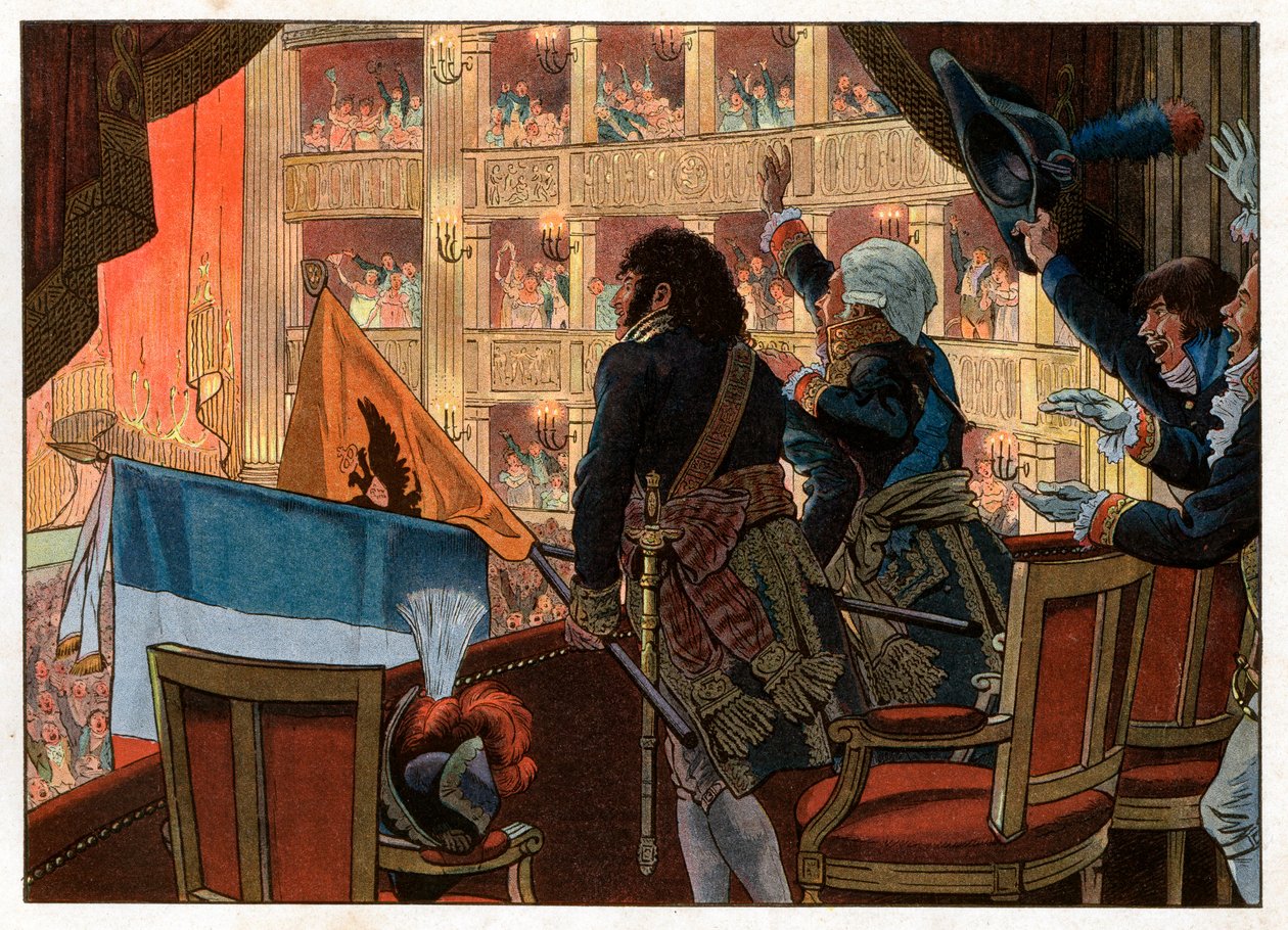 I Florens, i teatersalen, förenar Joachim Murat (1767-1815) och en rysk ambassadör sin flagga med nuets största glädje. Gravyr av Jacques Marie Gaston Onfray de Breville dit Job (1858-1931) av pseudonym for Onfray de Breville Jacques Job