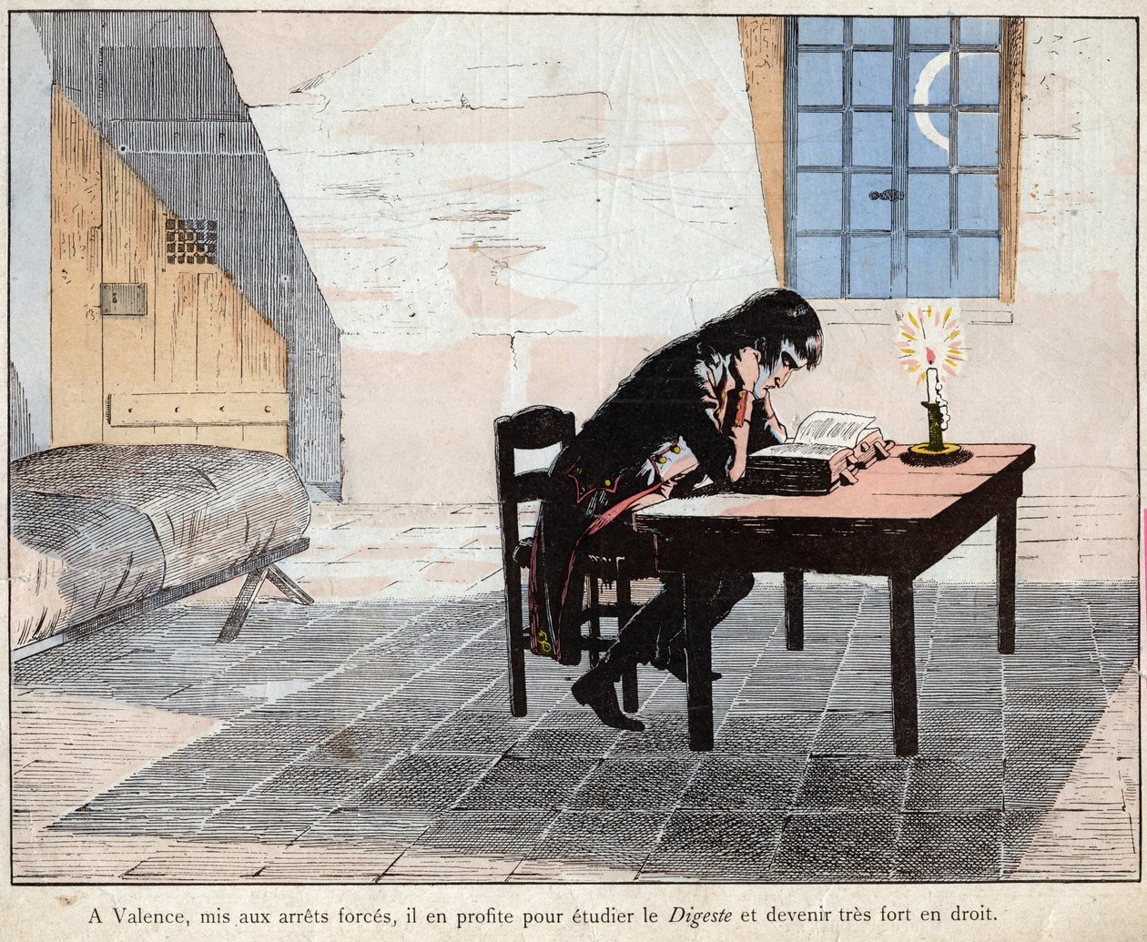 I Valencia (fängelse) utnyttjar Napoleon det för att studera Digest och bli mycket stark i juridik - Napoleon läste Digeste och stärker sin kunskap om lagen - litografi av Job (Jacques Onfroy de Breville) från "" Le Grand Napoleon des Petites av pseudonym for Onfray de Breville Jacques Job