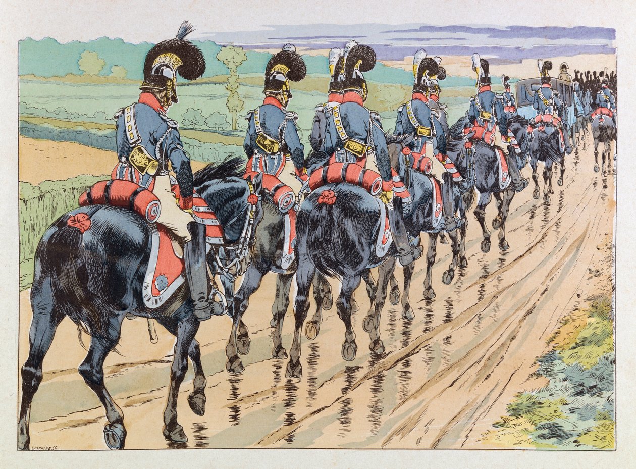Jacques Marie Gaston Onfray de Breville kallad JOB (1858 - 1931); Illustration från boken "" Les epees de France"": Imperiale eskort som åtföljer Napoleon; Coll, Dela av pseudonym for Onfray de Breville Jacques Job