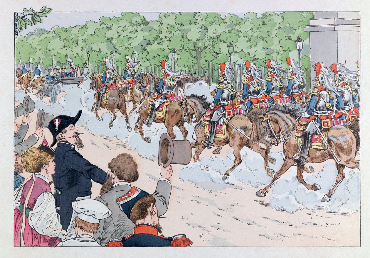 Jacques Marie Gaston Onfray de Breville dit JOB (1858 - 1931); Illustration från boken "Les epees de France": Eskort av kejsar Napoleon 3 på Champs Elysees; Coll, del av pseudonym for Onfray de Breville Jacques Job