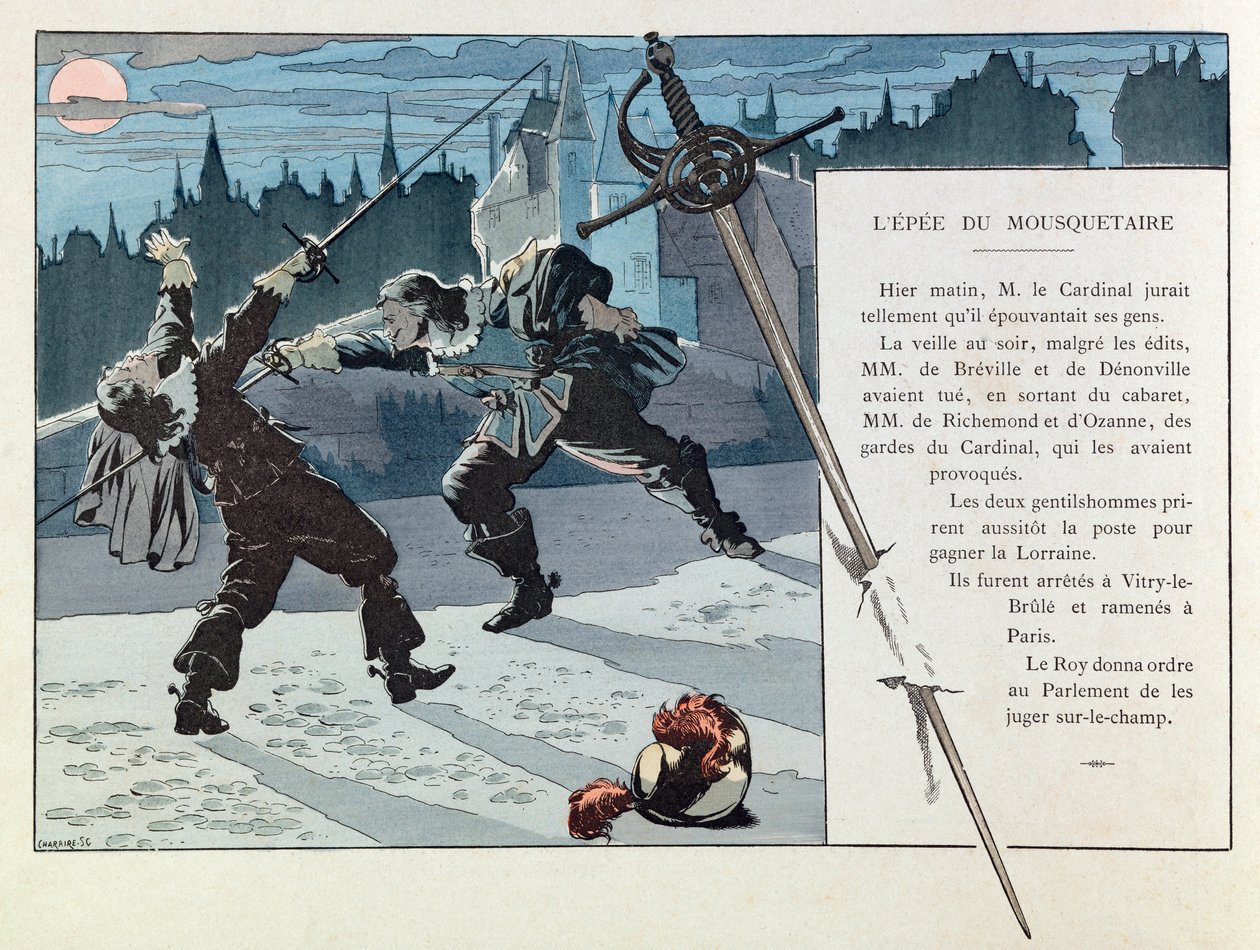 Jacques Marie Gaston Onfray de Breville dit JOB (1858 - 1931); Illustration från boken "Les epees de France": Duell mellan en musketör och en vakt från kardinalen (M de Breville och Denonville dödade M de Richemond och M d