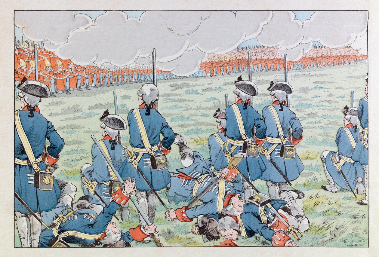 Jacques Marie Gaston Onfray de Breville dit JOB (1858 - 1931); Illustration från boken "Les epees de France": Slaget vid Fontenoy den 11 maj 1745; Coll, del av pseudonym for Onfray de Breville Jacques Job