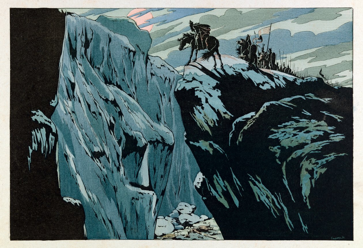 Jacques Marie Gaston Onfray de Breville kallad JOB (1858 - 1931); Illustration från boken "Les epees de France": Rolands död i Roncesvalles 778; Coll, del. av pseudonym for Onfray de Breville Jacques Job