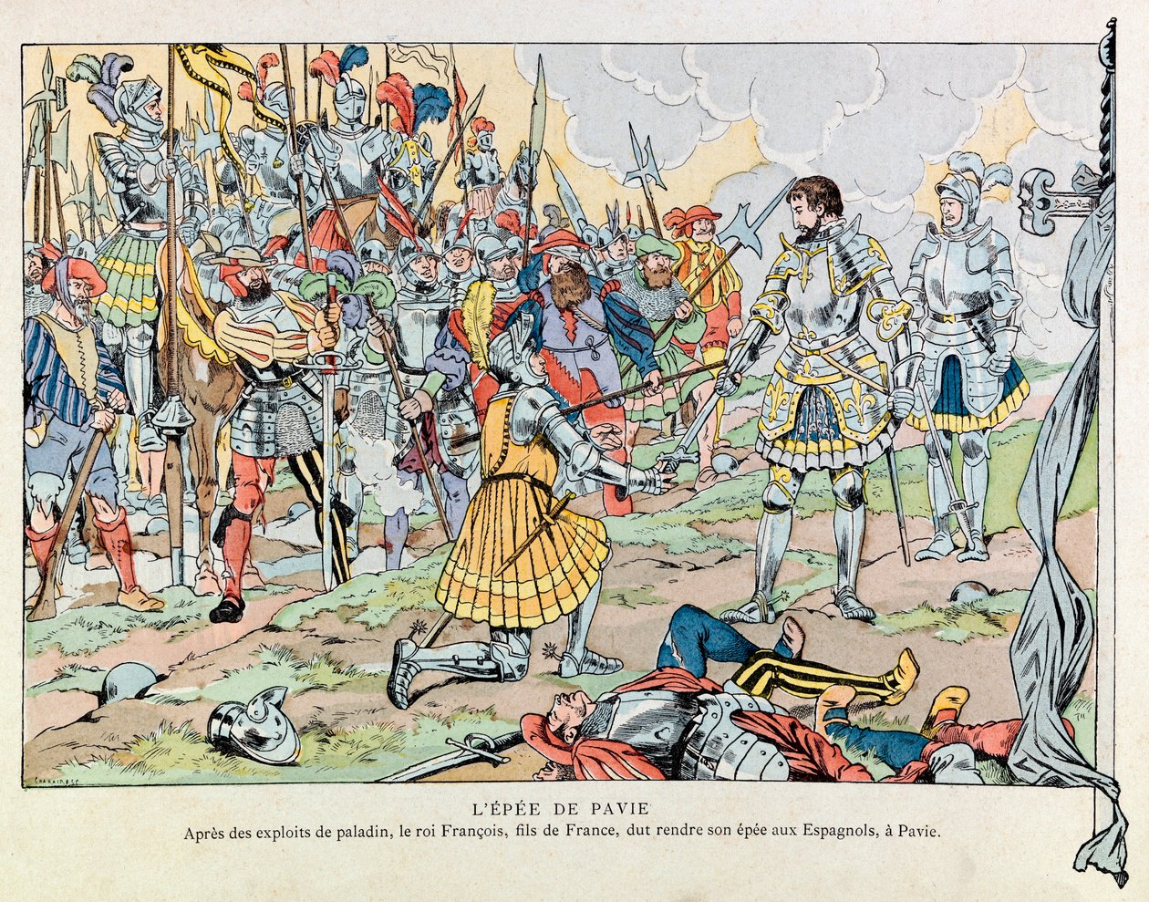 Jacques Marie Gaston Onfray de Breville dit JOB (1858 - 1931); Illustration från boken "" Les epees de France"": Kung Francois 1:a återlämnar sitt svärd till spanjorerna efter Pavias nederlag den 24 februari av pseudonym for Onfray de Breville Jacques Job