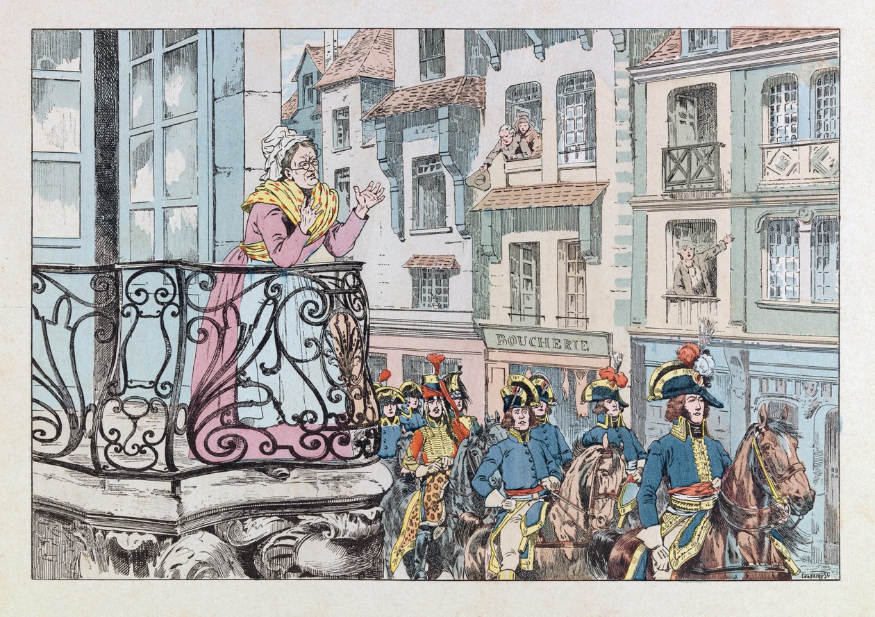 Jacques Marie Gaston Onfray de Breville dit JOB (1858 - 1931); Illustration från boken "Les epees de France": General Louis Lazare Hoche (1768-1797) smutskasta i spetsen för sina trupper; Coll, del av pseudonym for Onfray de Breville Jacques Job
