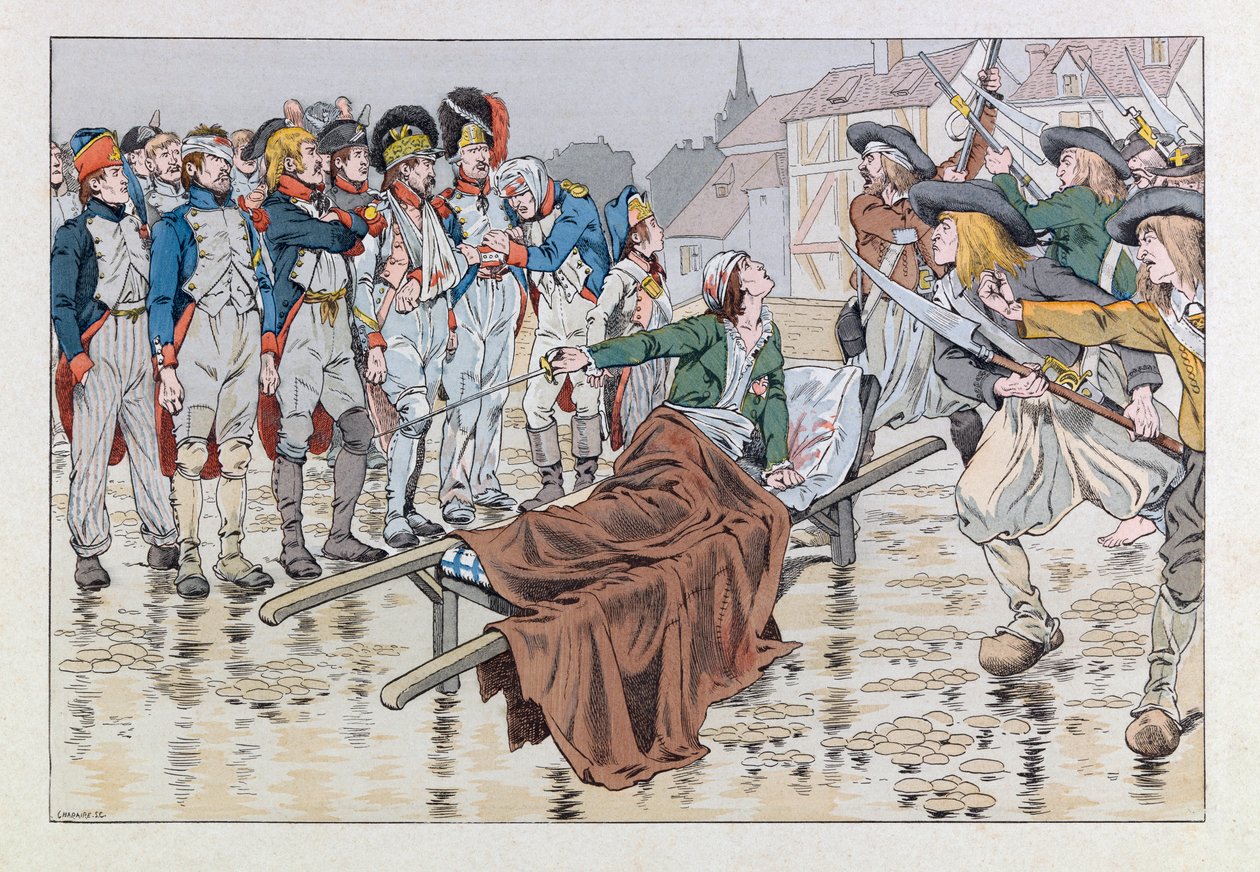 Jacques Marie Gaston Onfray de Breville dit JOB (1858 - 1931); Illustration från boken "Les epees de France": Markisen de Bonchamps sårar dödligt efter slaget vid Cholet 1793 räddar republikanska fångar ur händerna på chouanerna; Coll, Par av pseudonym for Onfray de Breville Jacques Job