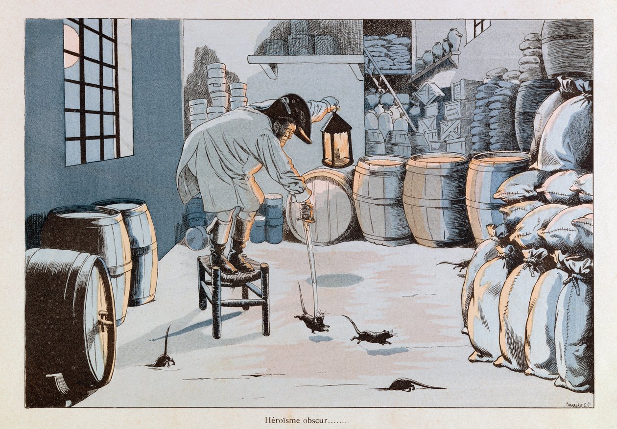 Jacques Marie Gaston Onfray de Breville kallad JOB (1858 - 1931); Illustration från "Les epees de France": Arméförsörjningskommissionär mot råttarmén; Coll, Dela av pseudonym for Onfray de Breville Jacques Job