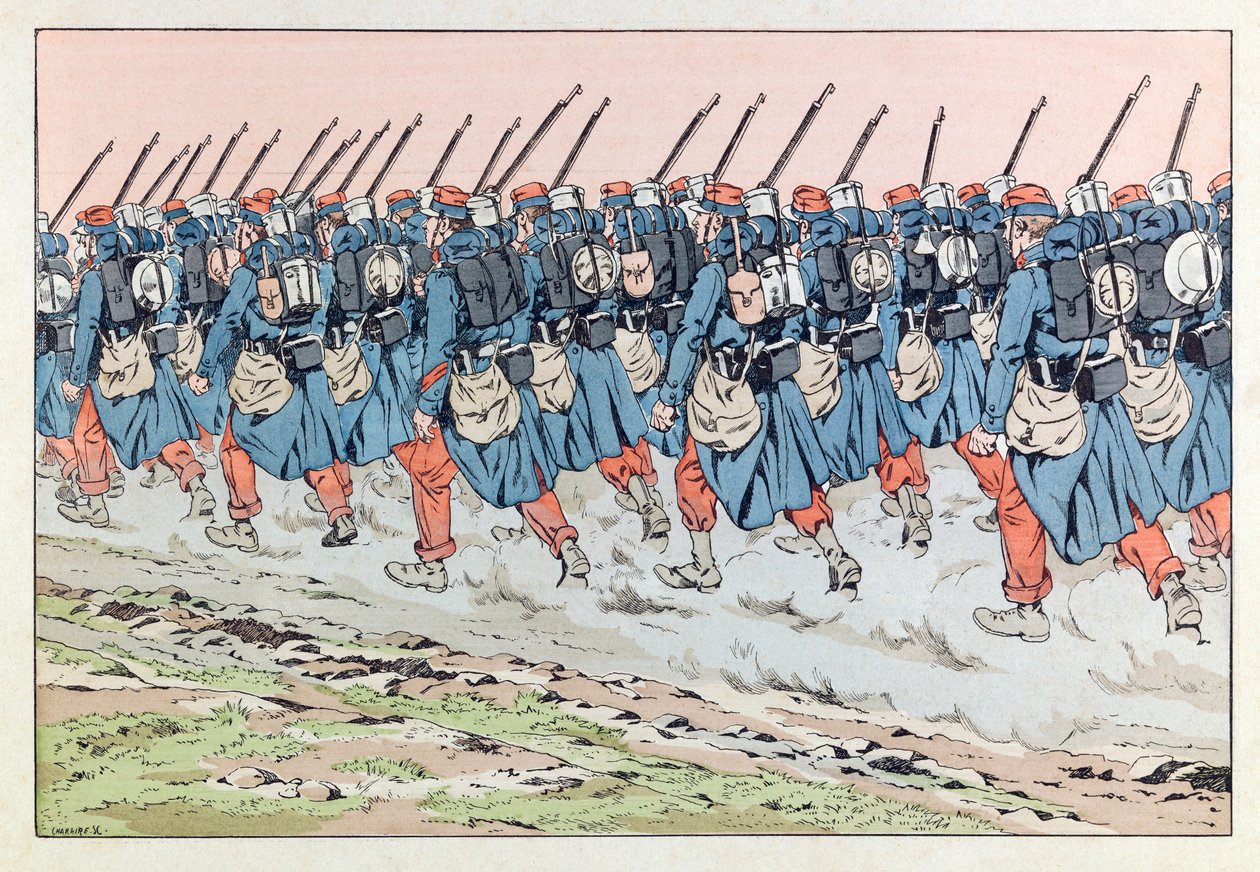 Jacques Marie Gaston Onfray de Breville kallad JOB (1858 - 1931); Illustration ur boken ""Les epiees de France"": De håriga av 14 på väg till fronten; Coll, Dela av pseudonym for Onfray de Breville Jacques Job