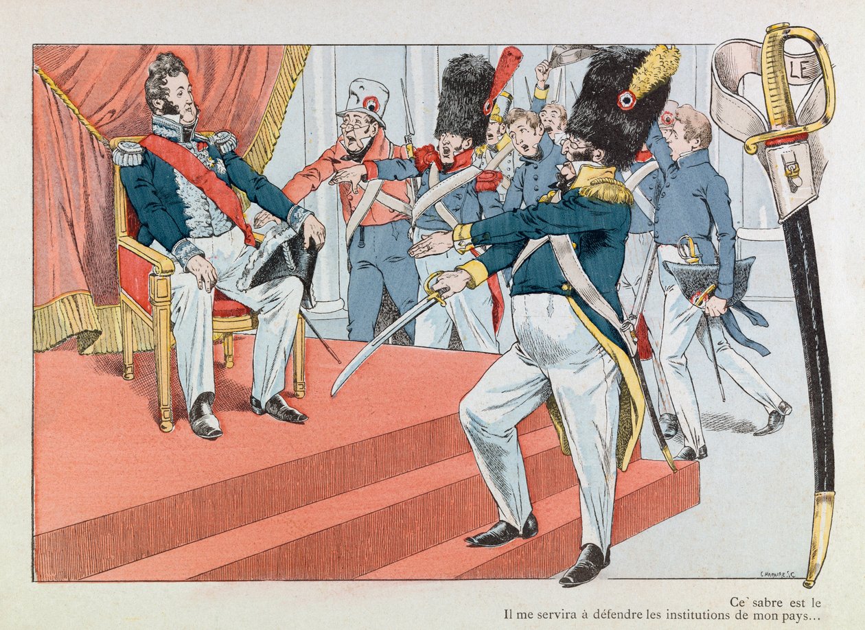 Jacques Marie Gaston Onfray de Breville dit JOB (1858 - 1931); Illustration hämtad från boken "" Les epees de France"": Louis Philippe (1773-1850) på tronen (Henri Monnier tar emot nationalgardets insignier "" Denna sabel är den vackraste av pseudonym for Onfray de Breville Jacques Job