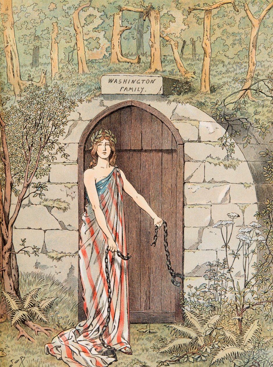 Jacques Marie Gaston Onfroy de Breville dit JOB (1858-1931) - Allegory of America befrias från sina kedjor framför George Washingtons grav vid Mount Vernon, privat samling av pseudonym for Onfray de Breville Jacques Job