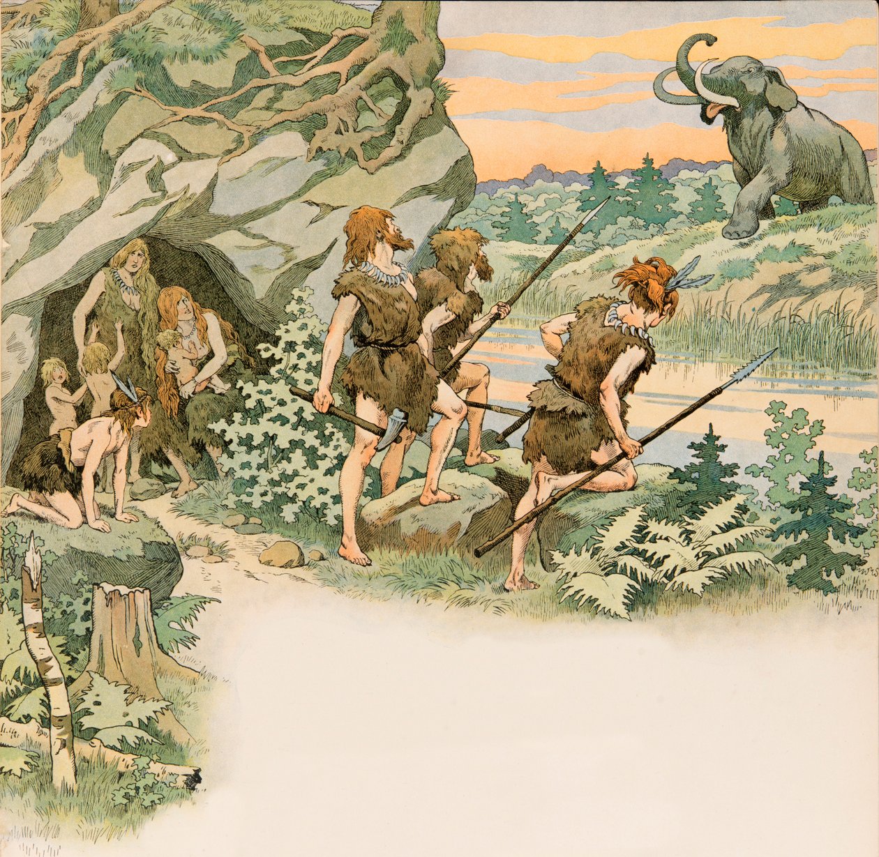 Jacques Marie Gaston Onfroy de Breville dit JOB (1858-1931) - Under förhistorien skyddar grottmännen sina familjer från en maffig attack, Privat samling av pseudonym for Onfray de Breville Jacques Job