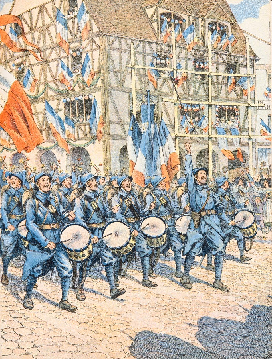 Jacques Marie Gaston Onfroy de Breville dit JOB (1858-1931) - Fransk militär segrande i en by i Alsace under första världskriget, privat samling av pseudonym for Onfray de Breville Jacques Job