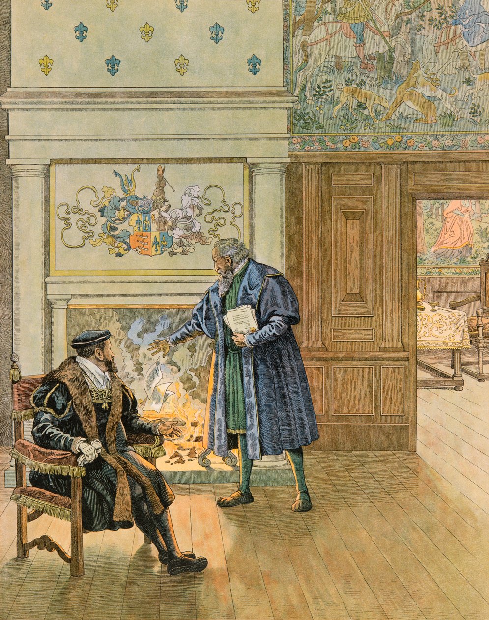 Jacques Marie Gaston Onfroy de Breville dit JOB (1858-1931) - Belgiens historia: Kejsar Karl V (1500 - 1558) besökte de stora köpmännen och finansiärerna i staden Antwerpen, privat samling av pseudonym for Onfray de Breville Jacques Job