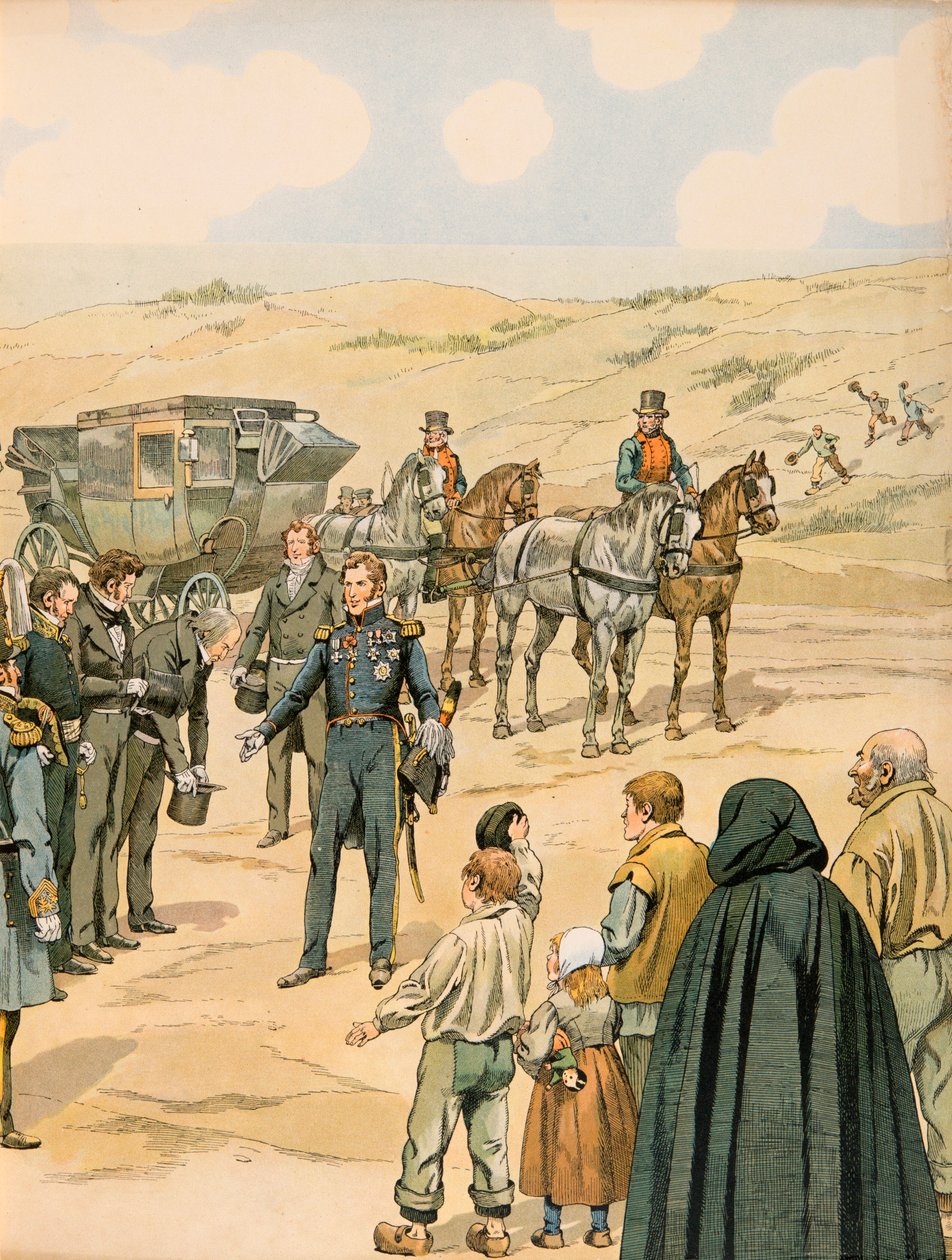 Jacques Marie Gaston Onfroy de Breville dit JOB (1858-1931) - Belgiens historia: Leopold 1, er (1790 - 1865) Prins av Sachsen Cobourg - Gotha välkomnas i La Panne av de belgiska myndigheterna den 17 juli av pseudonym for Onfray de Breville Jacques Job