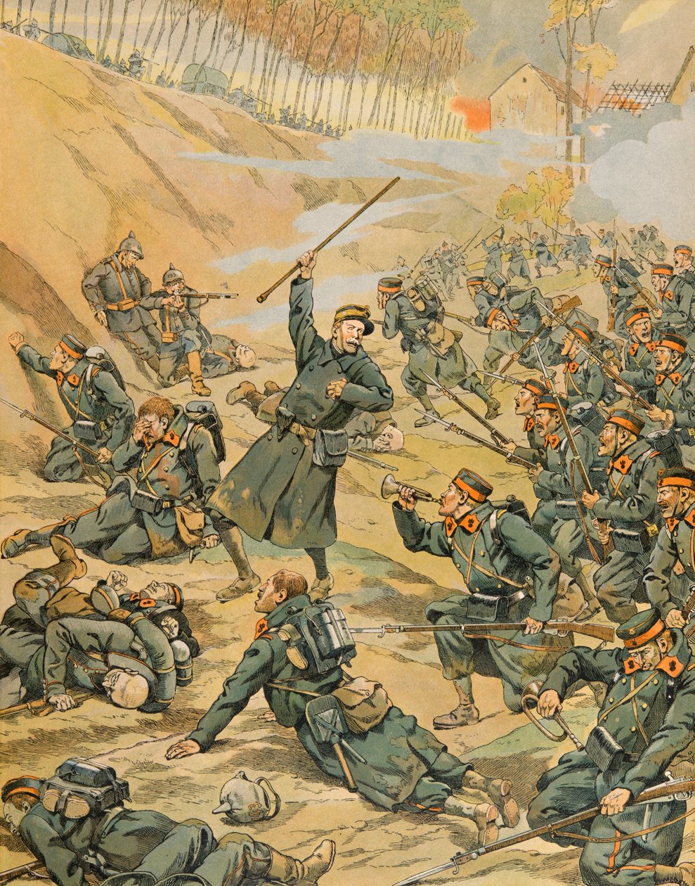 Jacques Marie Gaston Onfroy de Breville dit JOB (1858-1931) - Belgiens historia: Infanteriets försvar av Schoorbakke Tervaete-slingan under slaget vid Yser 1914, privat samling av pseudonym for Onfray de Breville Jacques Job