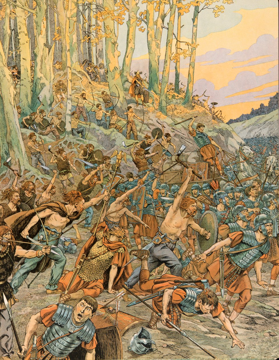 Jacques Marie Gaston Onfroy de Breville dit JOB (1858-1931) - Belgiens historia: Slaget vid Aduatuca, i Vallee du Geer 54 f.Kr., eburonerna (belgarna) massakrerade de romerska legionerna av Caesar under galliska kriget, privat samling av pseudonym for Onfray de Breville Jacques Job
