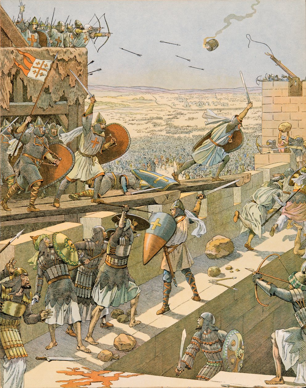 Jacques Marie Gaston Onfroy de Breville dit JOB (1858-1931) - Belgiens historia: Englebert och Lietaud de Tournai, Tournaisian croises, stormade den första i Jerusalem 1099, Privat samling av pseudonym for Onfray de Breville Jacques Job