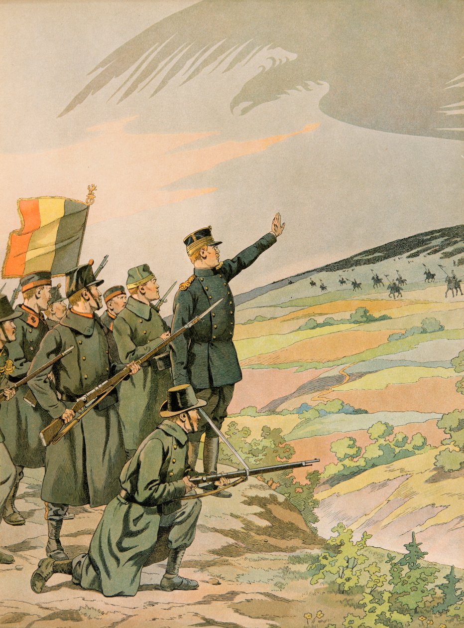 Jacques Marie Gaston Onfroy de Breville dit JOB (1858-1931) - Belgiens historia: Kung Albert (1875 - 1934) och den belgiska armén står inför den tyska invasionen under första världskriget, privat samling av pseudonym for Onfray de Breville Jacques Job