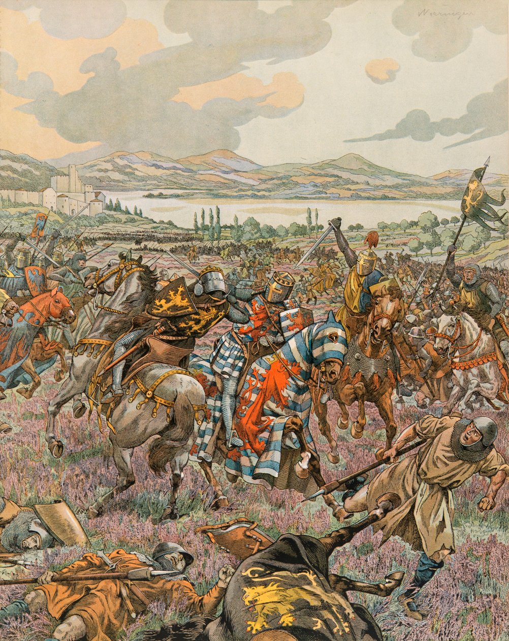 Jacques Marie Gaston Onfroy de Breville dit JOB (1858-1931) - Belgiens historia: Johannes 1:e hertig av Brabant segrande i slaget vid Woeringen 1288 under Limburgs tronföljdskriget och ger Brabant självstyre till Tyskland, privat samling av pseudonym for Onfray de Breville Jacques Job