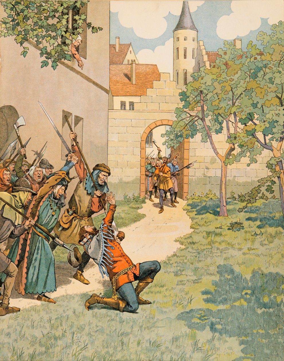 Jacques Marie Gaston Onfroy de Breville dit JOB (1858-1931) - Belgiens historia: Jacques (Jacob) Van Artevelde (1287 - 1345) säger att den vise mannen från Gent faller under befolkningens slag, Privat samling av pseudonym for Onfray de Breville Jacques Job