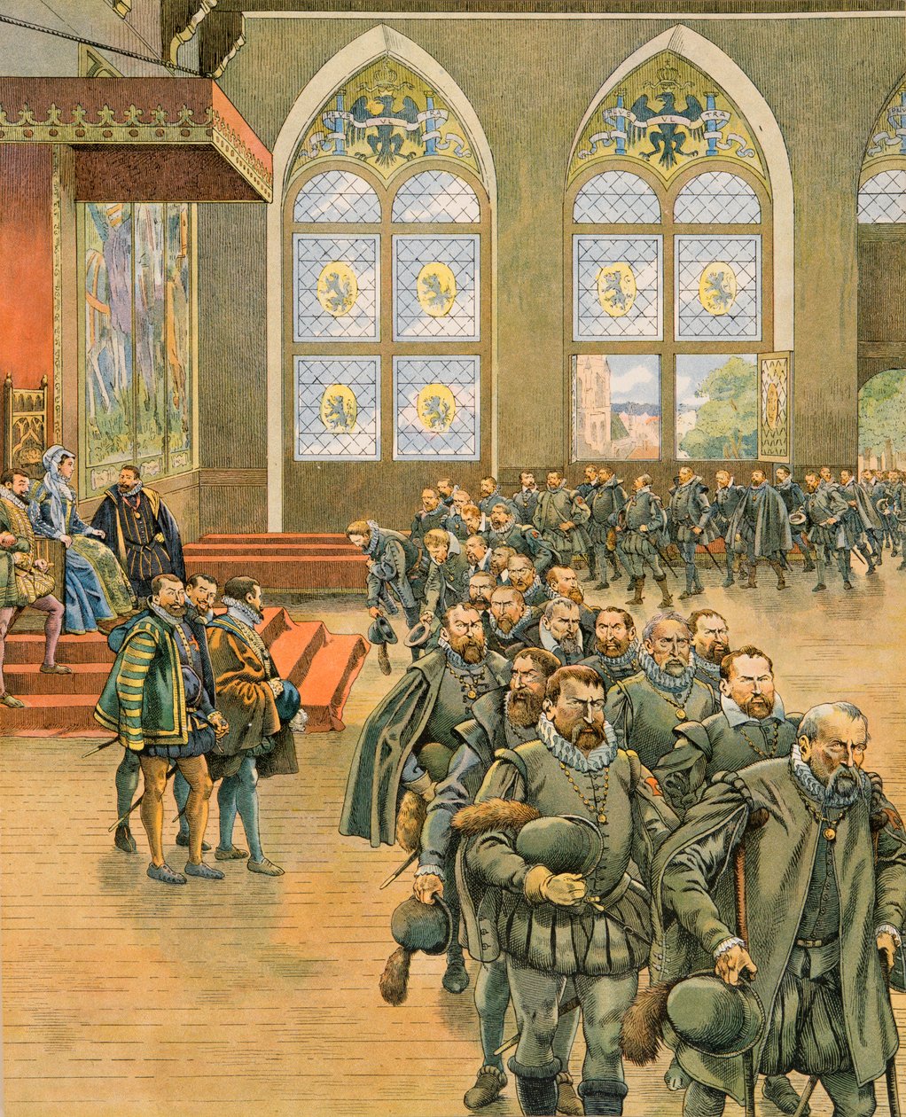 Jacques Marie Gaston Onfroy de Breville dit JOB (1858-1931) - Belgiens historia: The Gueux presenterar sina respektfulla remonstrationer för Marguerite de Parma (1522-1586), guvernant i Nederländerna under Filip II (1527-1598), 1566, Privat samling av pseudonym for Onfray de Breville Jacques Job