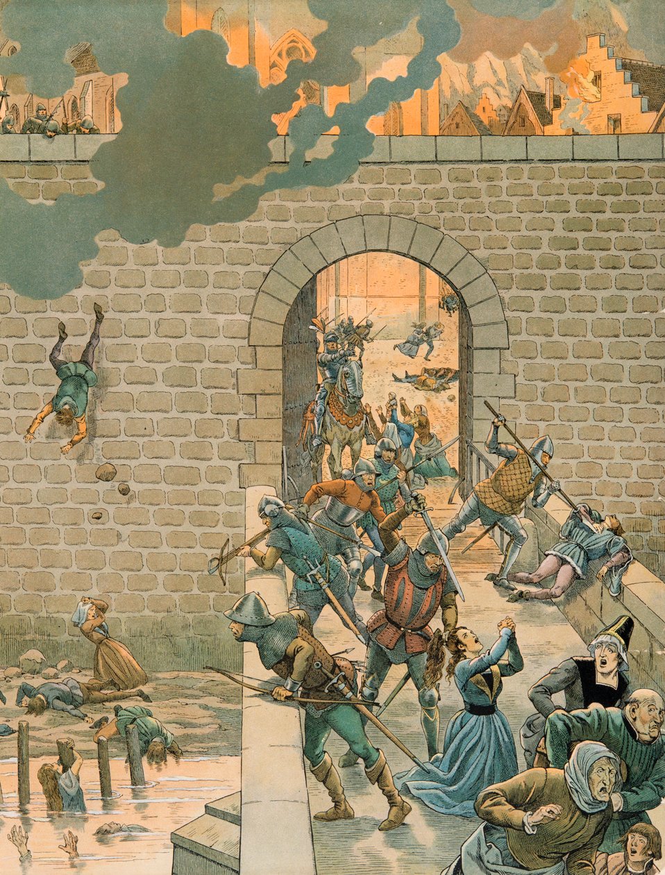Jacques Marie Gaston Onfroy de Breville dit JOB (1858-1931) - Belgiens historia: Charles the Temerary (1433-1477), greve av Charolais den 25 augusti 1466 stormar och bränner staden Dinant, privat samling av pseudonym for Onfray de Breville Jacques Job