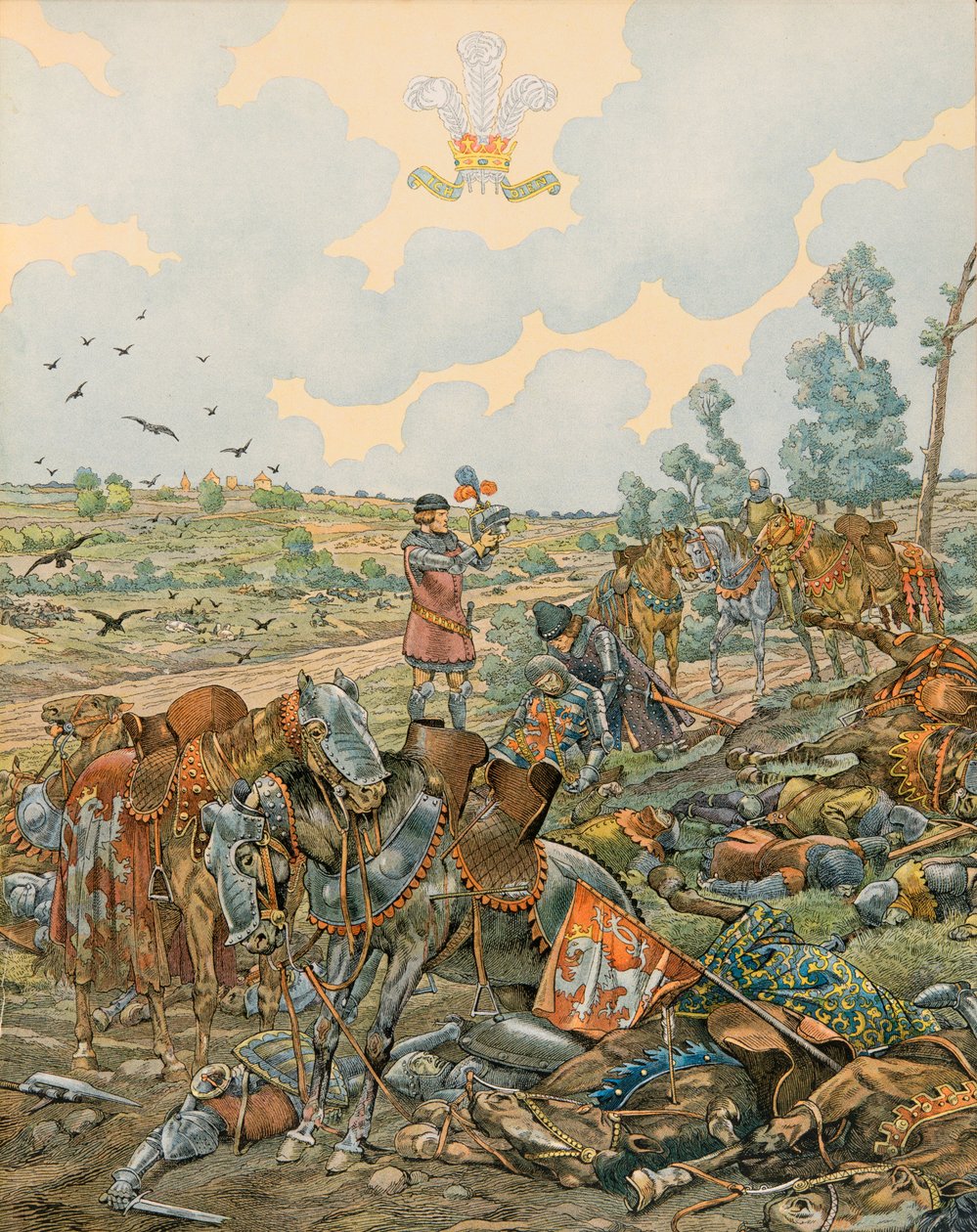 Jacques Marie Gaston Onfroy de Breville dit JOB (1858-1931) - Belgiens historia: Johannes 1, greve av Luxemburg dit l Blind (1296 - 1346) faller i slaget vid Crecy den 26 augusti 1346, privat samling av pseudonym for Onfray de Breville Jacques Job
